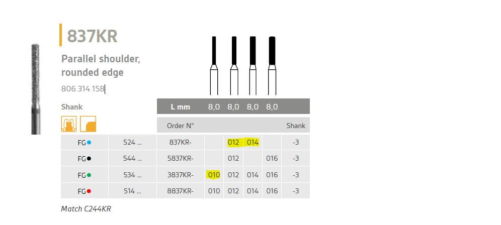 837KR diamond bur parallel shoulder rounded edge