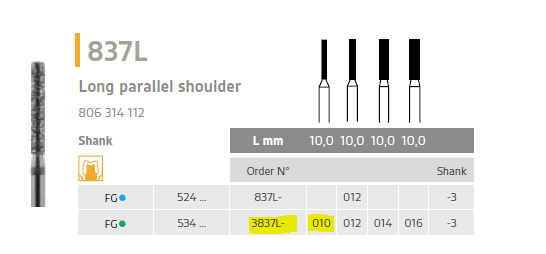 diamond bur long parallel shoulder