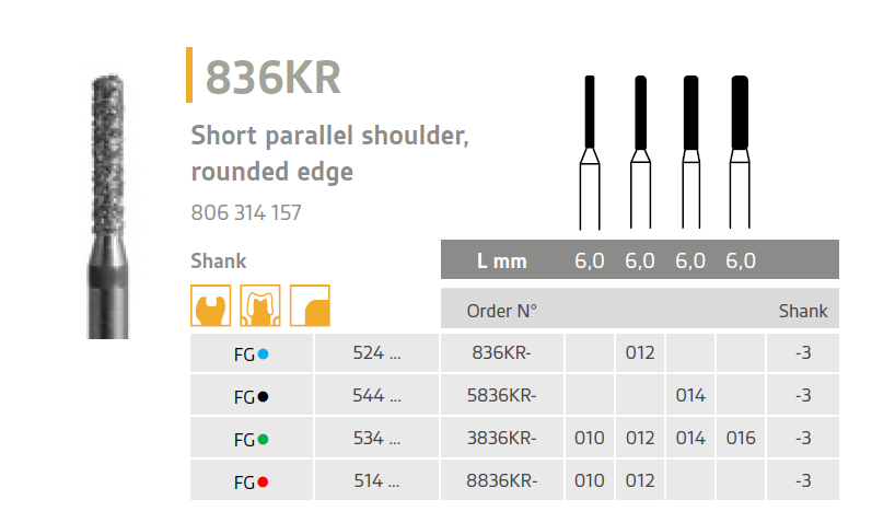 836KR Diamond bur short parallel shoulder rounded edges 836KR