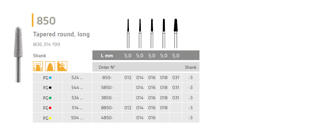 850 diamond bur tapered round long 850