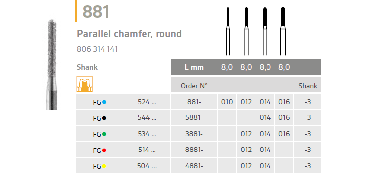 881 diamond bur parallel chamfer round