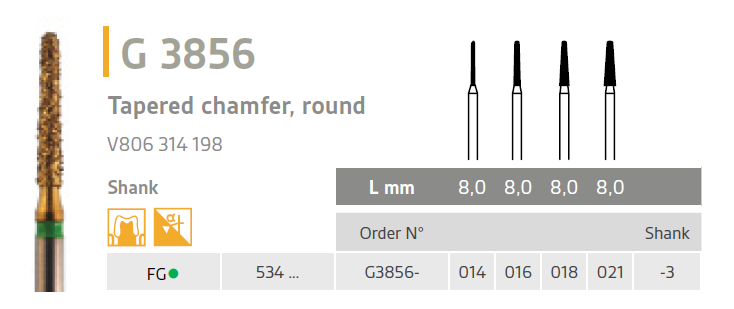 G 3856 tapered chamfer round gold diamond bur G3856