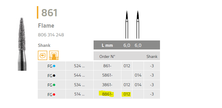 8861 Flame diamond bur flame short