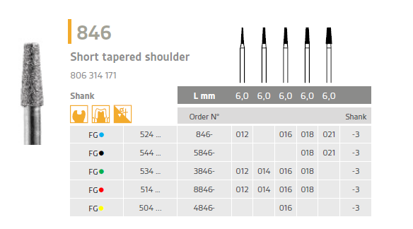 846 diamond bur short tapered shoulder iso 806 314 171