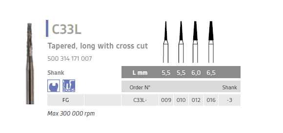 C33L carbide bur tapered long with cross cut iso 500 314 171 007