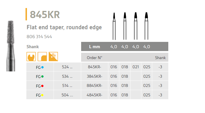 845KR Diamond bur Flat end taper, rounded edge, ISO 806 314 544